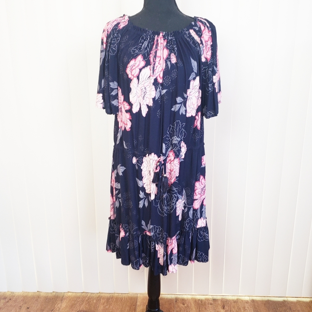 BLUE ISLAND Ruched Floral Blue Pink Short Sleeve Dress Size Large - Picture 3 of 4